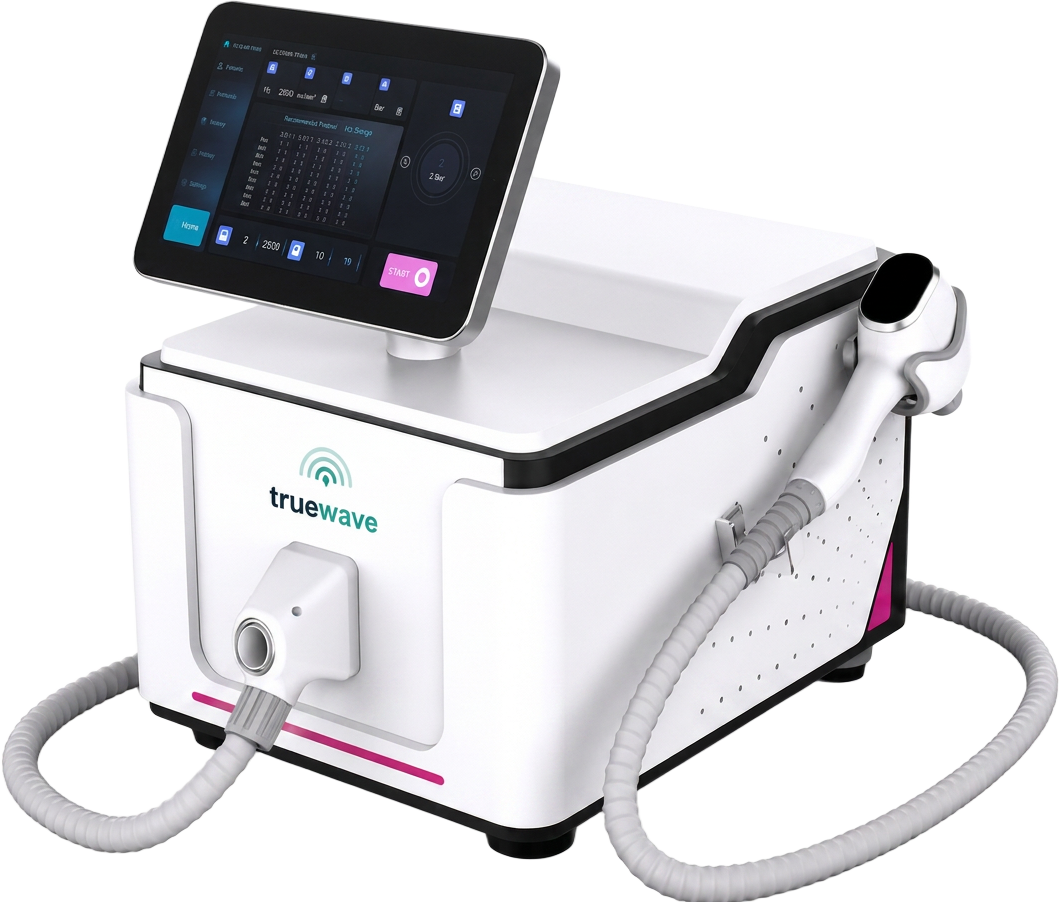 TrueWave focused wave therapy device — a class 1 shockwave therapy device alternative — with touchscreen console and handpiece