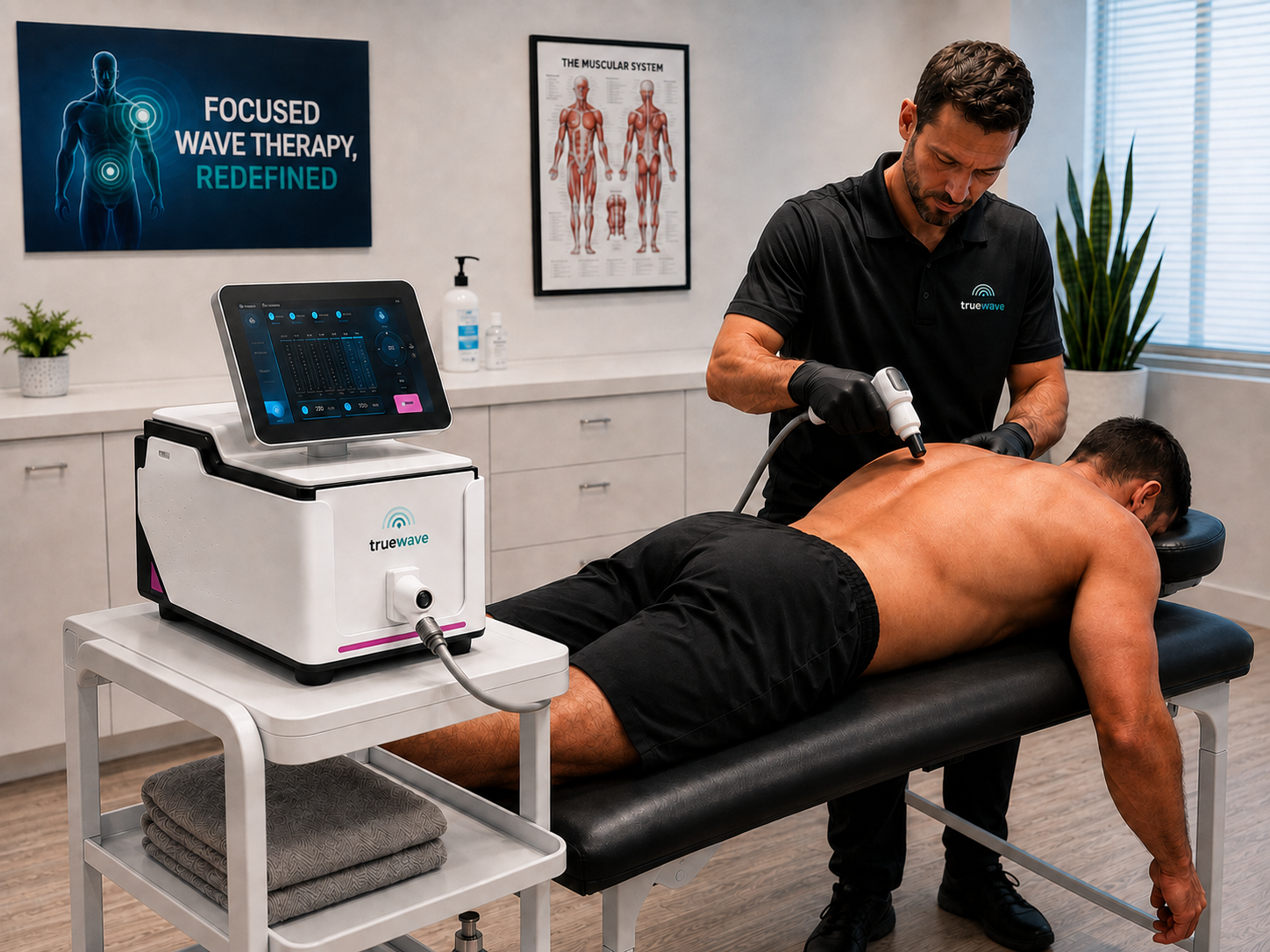 Practitioner performing a TrueWave focused wave therapy session — shockwave therapy device alternative — on a client's back in a wellness clinic